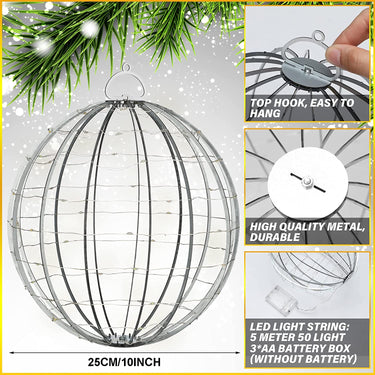 3 Pack 10'' Christmas LED Ball Lights Outdoor Christmas Tree Sphere Globe Lights with Fold Flat Metal Frame Ball Lights Fairy Lights Hanging Christmas Tree Ornament Decorations (Warm White)